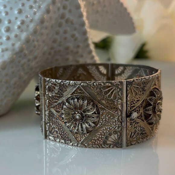 ANTIQUE STERLING VERMEIL FILIGREE CUFF BRACELET - Picture 1 of 8
